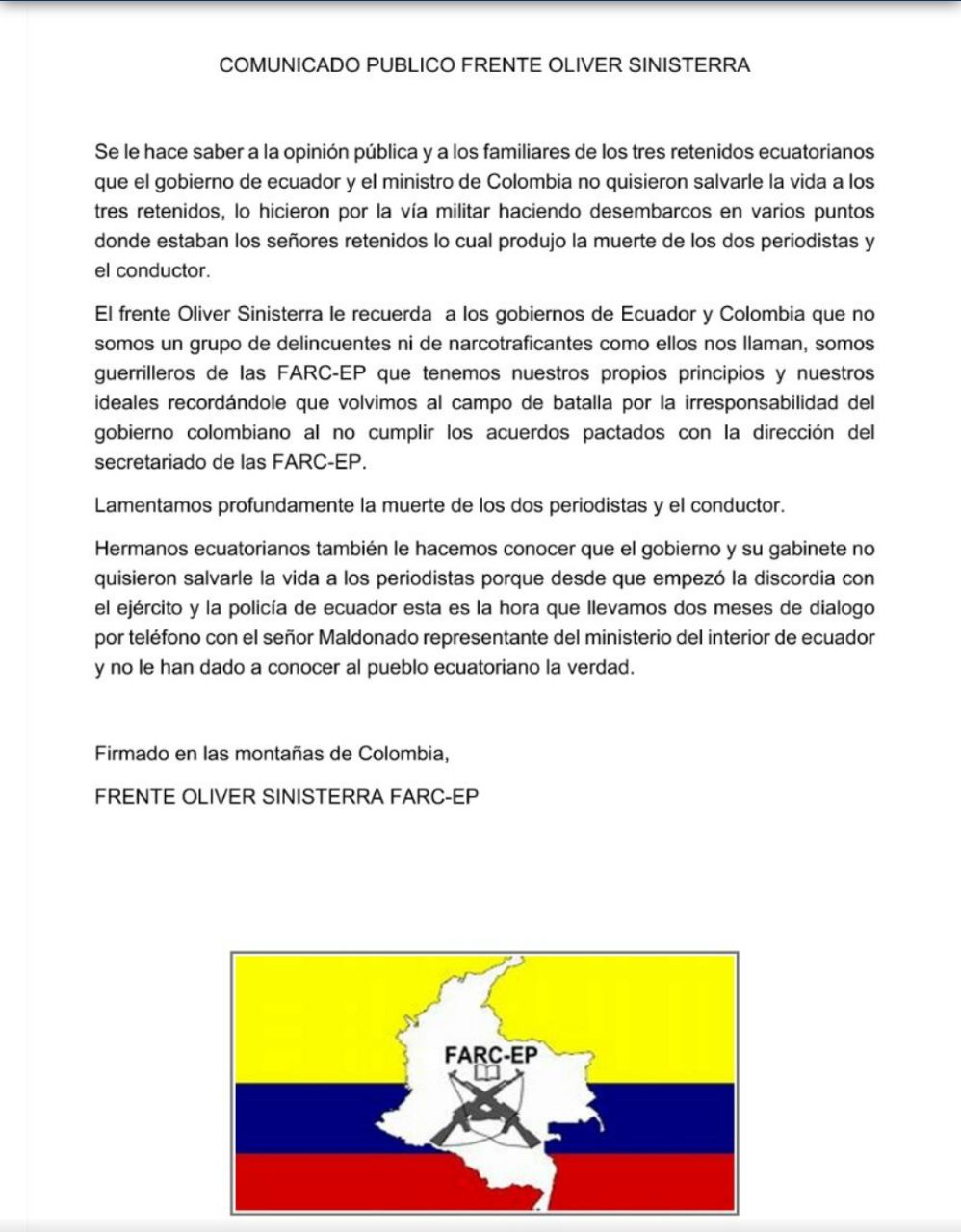 Disidencia de las Farc habría asesinado a periodistas ecuatorianos